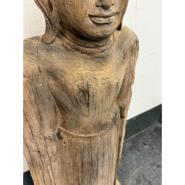 Tan Carved Wooden Buddhist Monk Statue For Sale - Image 8 of 12