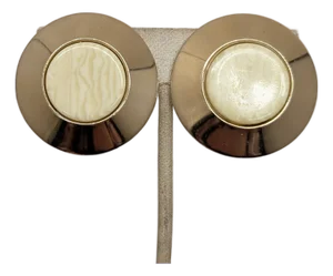 Vintage 1970s Signed Ugo Correani Round Goldtone Swirled Ivory Resin Center Clip Earrings-2 Pieces