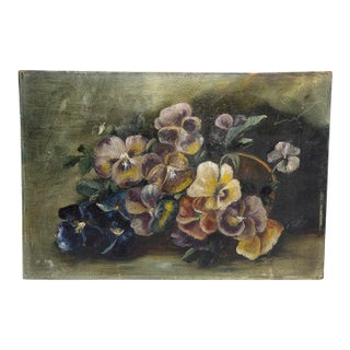 Antique Floral Oil on Board For Sale
