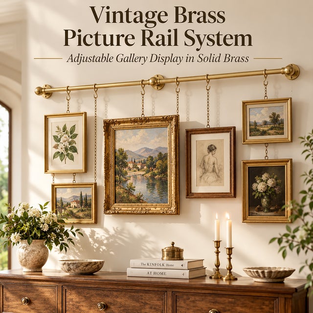 Not Yet Made - Made To Order Brass Picture Rail Hanging System With Chains & Hooks, Vintage Gallery Wall Rail, Adjustable Art Picture Hanger, Solid Brass Hardware For Sale - Image 5 of 15