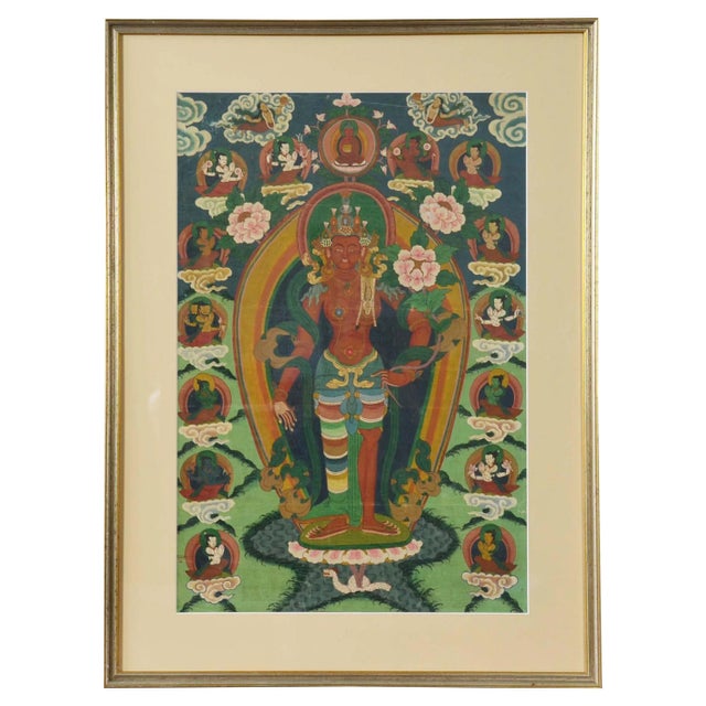 Green Indian Ceremonial Hindu Deity Hand-Painted on Canvas in Gilded Frame For Sale - Image 8 of 8