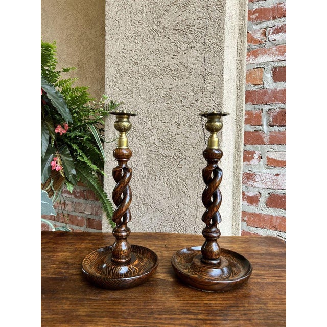 Antique English Oak & Brass Open Barley Twist Candlestick Holders a
