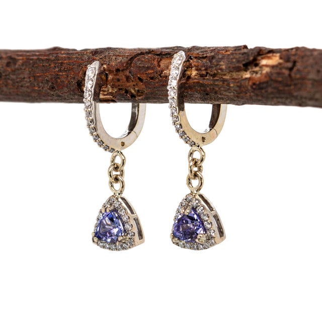 Art Deco Fine Trillion Tanzanite Earrings With Natural Diamonds in 14k White Gold- Set of 2 For Sale - Image 3 of 5