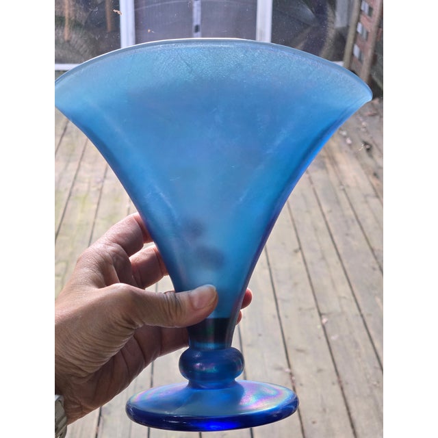 Art Deco Vintage Fenton Blue Iridescent Glass Fan Vase by the Metropolitan Museum of Art For Sale - Image 3 of 6