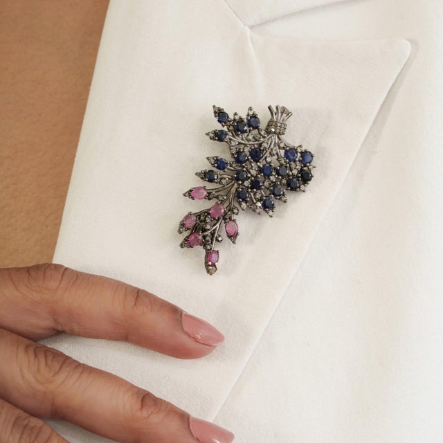 Not Yet Made - Made To Order Late Victorian Style 5 Ct Blue Sapphire, Ruby & Diamond Jeweled Spray Brooch Pendant For Sale - Image 5 of 14
