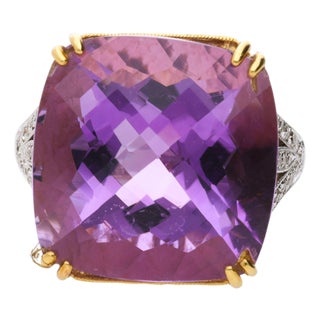 Mid 20th Century 22.48 Carat Cushion Checkerboard Amethyst & Diamond Filigree 18k Two Tone Ring, Size 8 For Sale