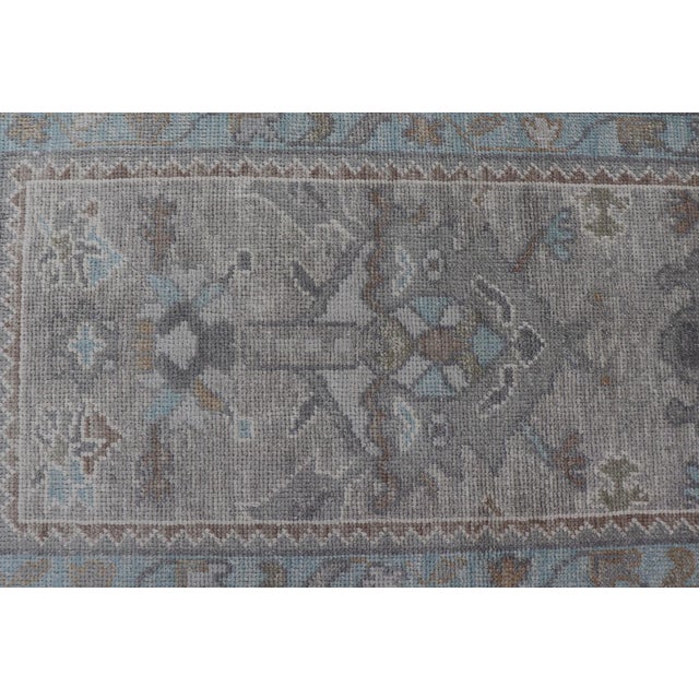 Taupe Turkish Oushak Runner in Soft Gray With Light Blue and Taupe 2'8 X 14'0 For Sale - Image 8 of 12