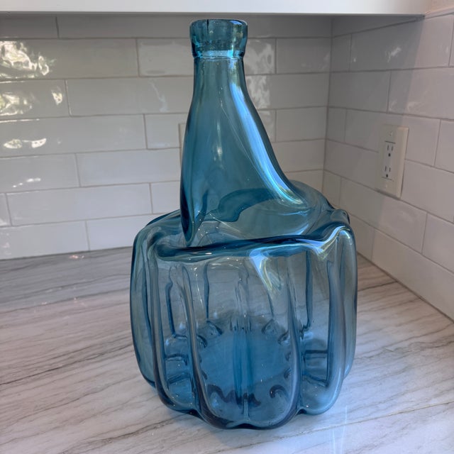 Vintage Sculptural Aqua Blue Glass Demijohn Bottle Large MCM Style Art Glass Vase For Sale - Image 10 of 16