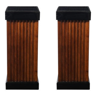 Pair of Art Deco Pedestals in Fluted Walnut & Black Lacquer Bases W/ Glass Tops For Sale