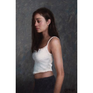 Jules by Kelly Birkenruth | Oil on Panel Portrait of a young woman in a white top. For Sale