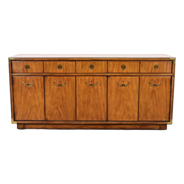 Drexel Heritage Hollywood Regency Campaign Walnut Sideboard Credenza, Circa 1970s For Sale