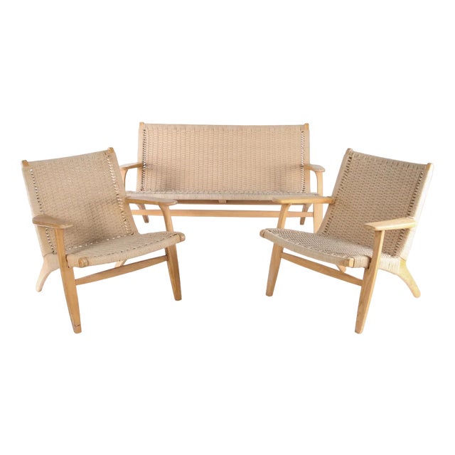 Braided Rope and Wood Sofa and Lounge Chairs, Set of 3 For Sale