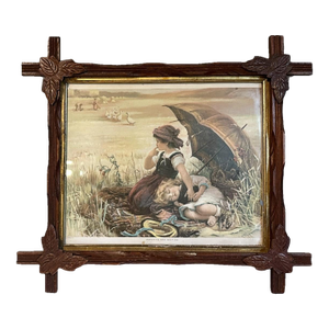 Antique Victorian Lithograph Print of Children in Walnut Adirondack Frame