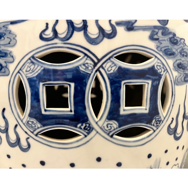 Blue Mid 20th Century Blue & White Chinese Dragon Garden Stool Side Tables - A Pair For Sale - Image 8 of 15