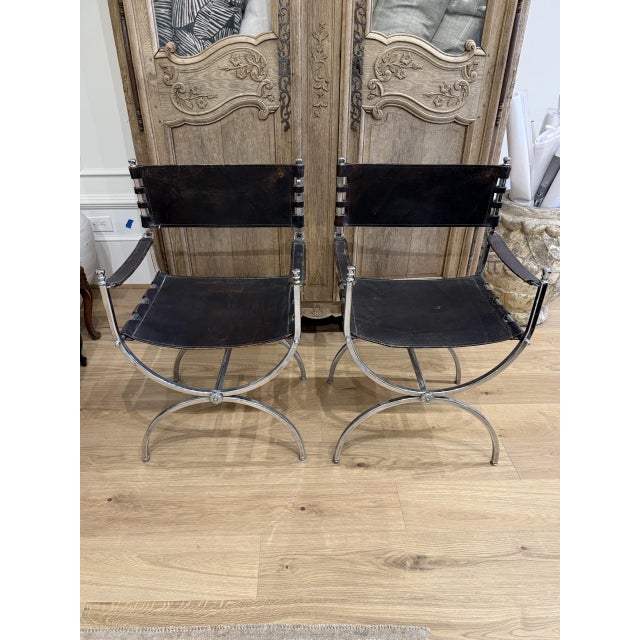 Renaissance 19th Century Black Leather Savonarola Chairs For Sale - Image 3 of 5