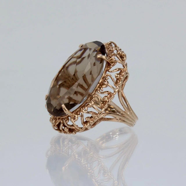 Gold Vintage Mid-Century Filigree Faceted Oval Citrine 14k Gold Cocktail Ring Size 6.75 For Sale - Image 8 of 12