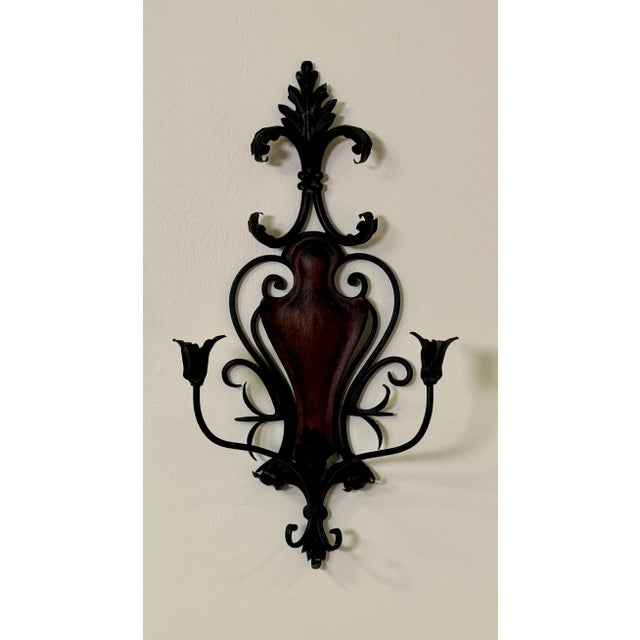 French Rococo Black Wrought Iron & Walnut Wood Double Candle Wall Sconce For Sale - Image 11 of 12