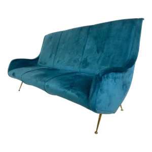 Mid Century Vintage Italian Blue Velvet Sofa in the Manner of Gio Ponti