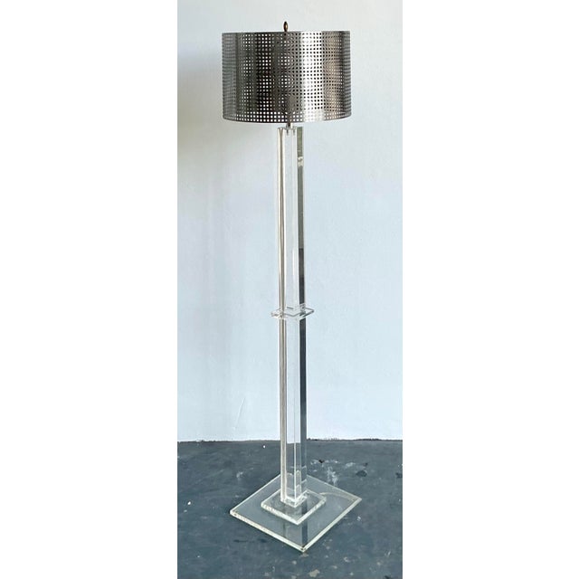 Vintage Boho Lucite Floor Lamp With Perforated Metal Shade For Sale In West Palm - Image 6 of 9