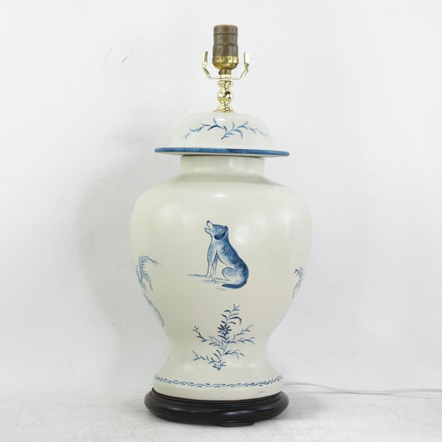 Early 21st Century Pair of Vintage Hand Painted Blue and Cream Ceramic Ginger Jar Table Lamps With Deer and Floral Folk Art Design For Sale - Image 5 of 15