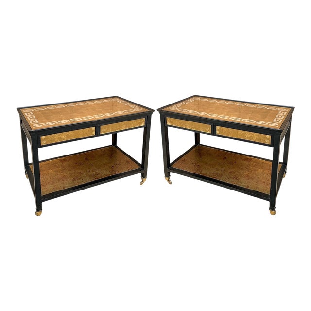 Hollywood Regency Black Lacquer Gilt Greek Key Mirrored / Eglomise Tables- Pair For Sale