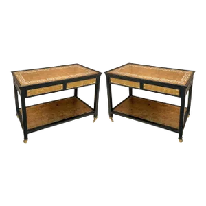 Hollywood Regency Black Lacquer Gilt Greek Key Mirrored / Eglomise Tables- Pair