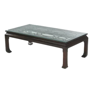 Antique Chinese Mahogany Coffee Table with Leaded Beveled Glass Top C1920
