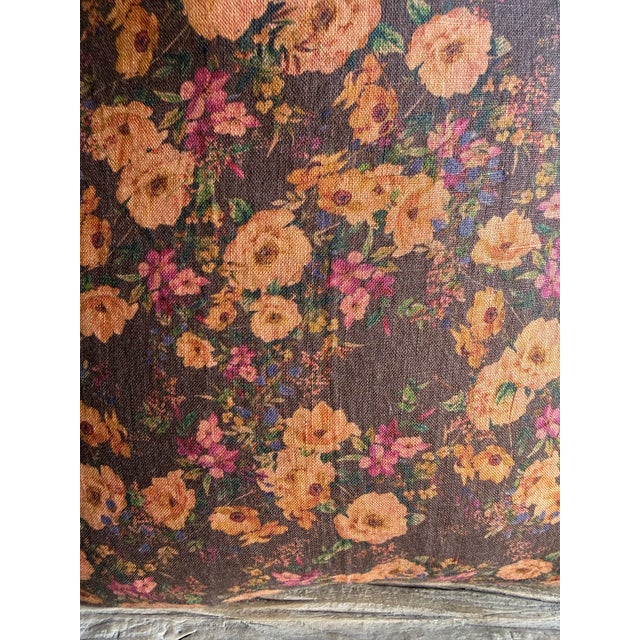 Metal Brown Floral Linen Pillow With Brass Zipper and Down Feather Insert For Sale - Image 7 of 7