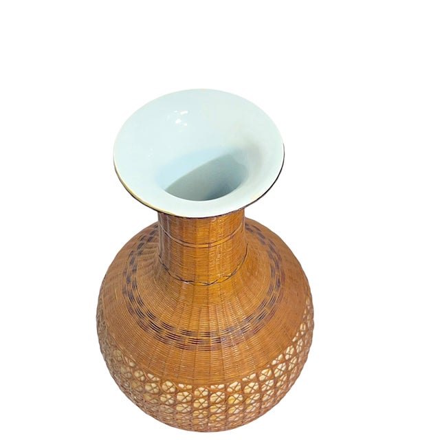 Mid-Century Modern Vintage Chinese Porcelain and Woven Wicker Vase For Sale - Image 3 of 13