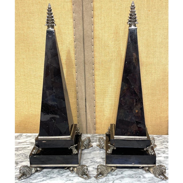 Late 20th Century Large Silverplated Bronze & Inlaid Coconut Shell Lion Motif Obelisks - a Pair For Sale - Image 5 of 11