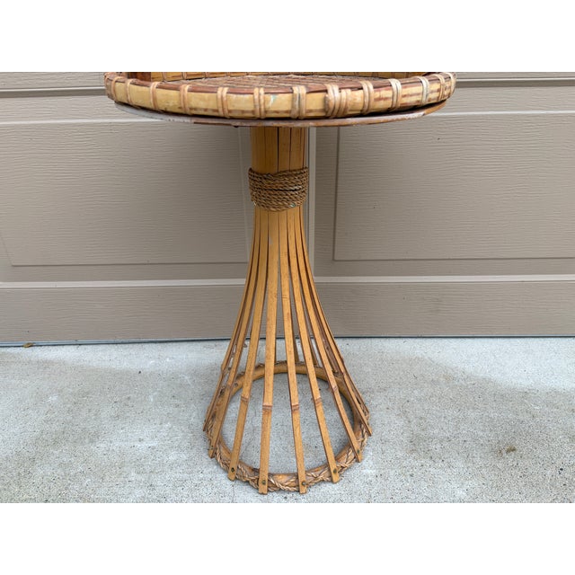 Mid-Century Palm Beach Bamboo & Woven Rattan Drinks Table With Carrying Handle For Sale - Image 9 of 12