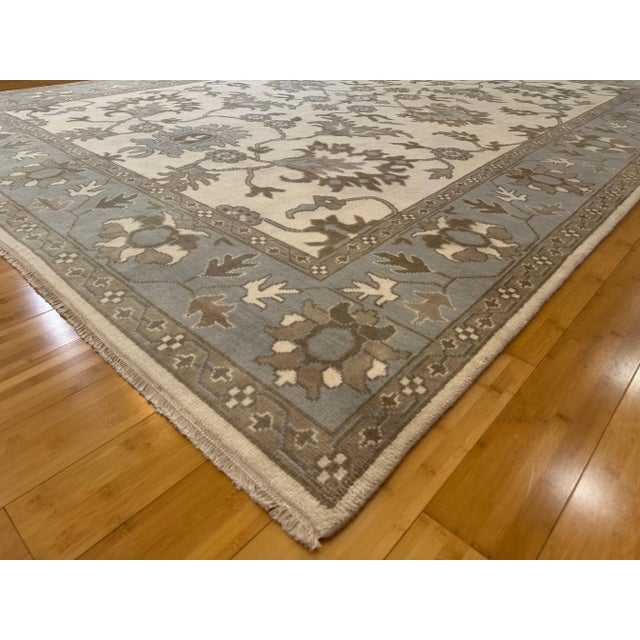 Serapi Handmade Wool Rug 9'1 X 11'11 - Soft Blue Beige Oushak Look For Sale - Image 6 of 10