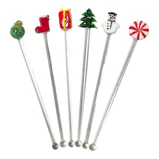 Christmas Swizzle Sticks Stirs, Blown Glass With Original Box - Set of 6 For Sale
