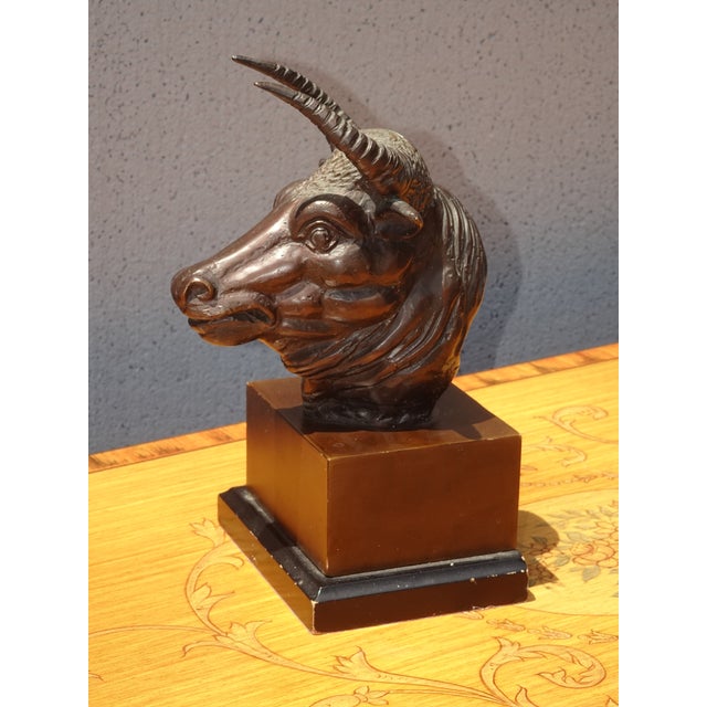 Figurative Vintage Bronze Bust of a Bull Statue on a Wooden Base 8 1/2" High For Sale - Image 3 of 12