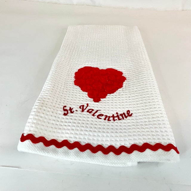 Ruby Red Vintage Hollywood Regency St. Valentine Waffle Kitchen Towel With Roses Heart For Sale - Image 8 of 13