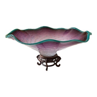 Large 1998 Signed LaChaussee Studio Handblown Art Glass Fluted Centerpiece Bowl For Sale