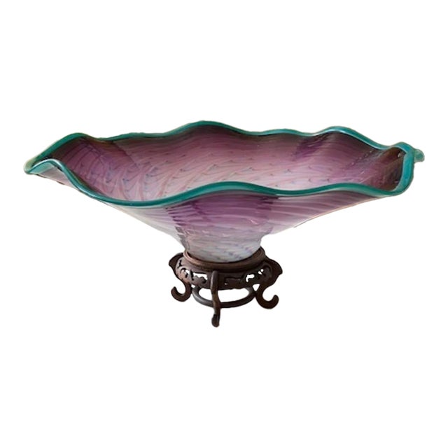 Large 1998 Signed LaChaussee Studio Handblown Art Glass Fluted Centerpiece Bowl For Sale