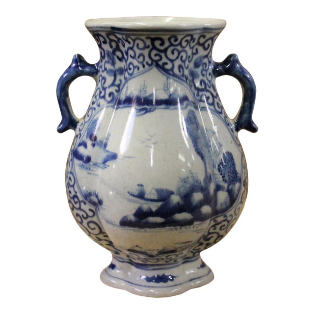 Chinese Blue White Porcelain Scenery Graphic Flower Shape Vase For Sale