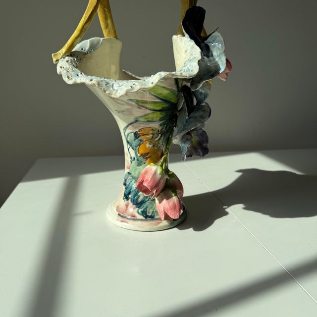 Mid 20th Century Italian Majolica Hand Painted Floral and Tulip Basket Vase For Sale In Charleston - Image 6 of 12