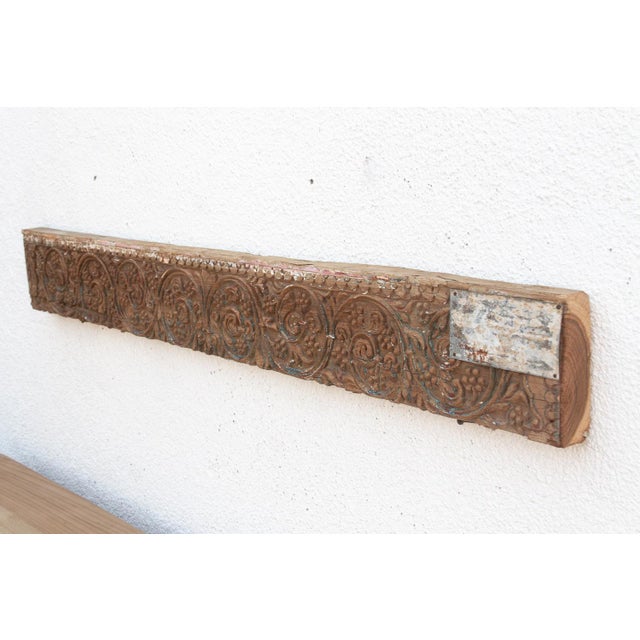 Antique Wabi Sabi Carved Lintel W/Metal Plate For Sale In Los Angeles - Image 6 of 8