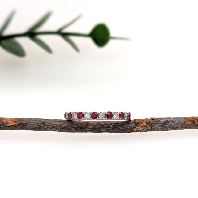 Fine Round Ruby and Diamond Band in Solid 14k White Gold - Halfway Band, Size 6.75 For Sale - Image 4 of 6