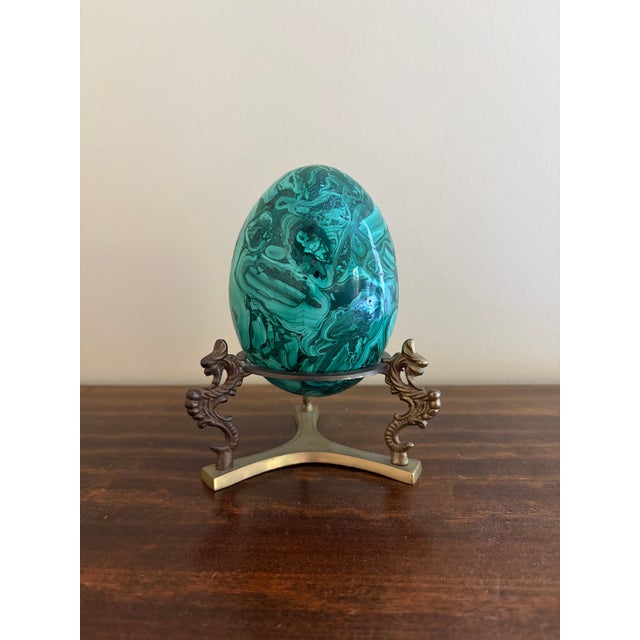 Green Large Solid Malachite Egg on Neoclassical Brass Stand For Sale - Image 8 of 10