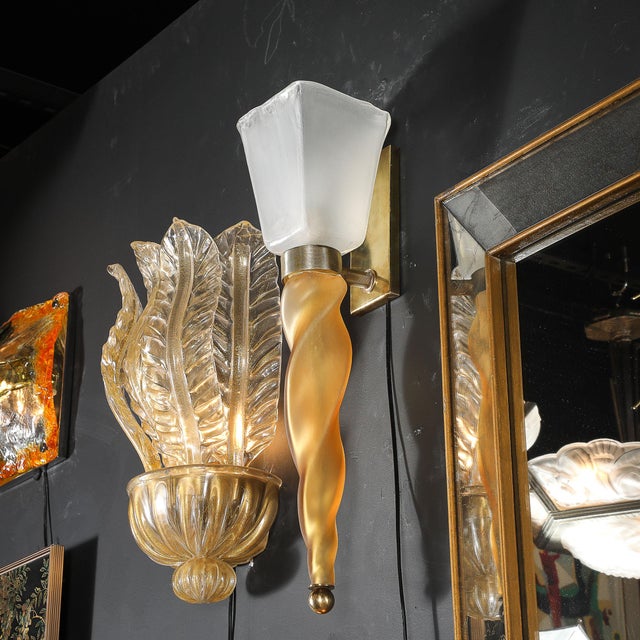 Mid-Century Hand-Blown Murano Frosted Glass Sconces With Spiral Amber Drop For Sale - Image 18 of 18
