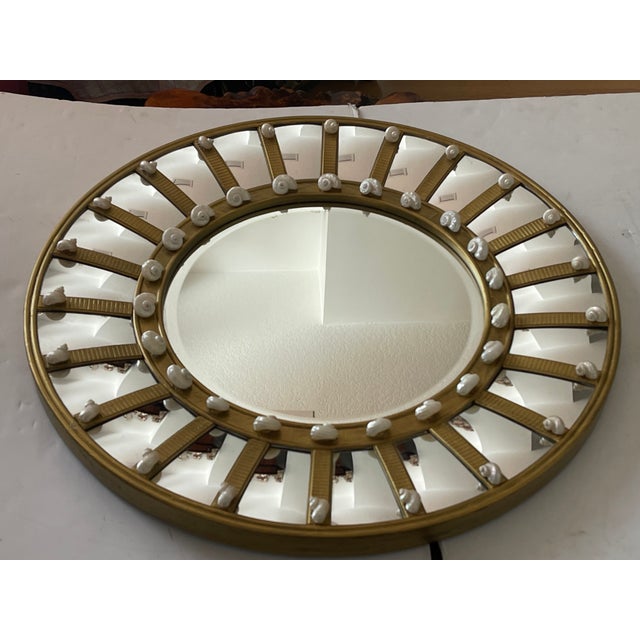 1970s 35” Round Bevelled Mirror With Turbo Sra Shells Mother of Pearl For Sale - Image 4 of 8