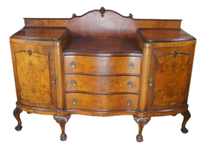 Antique English Chippendale Walnut Burl Serpentine Buffet Sideboard Credenza