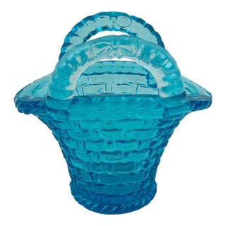 Vintage Fenton Turquoise Blue Mini Glass Basket For Sale