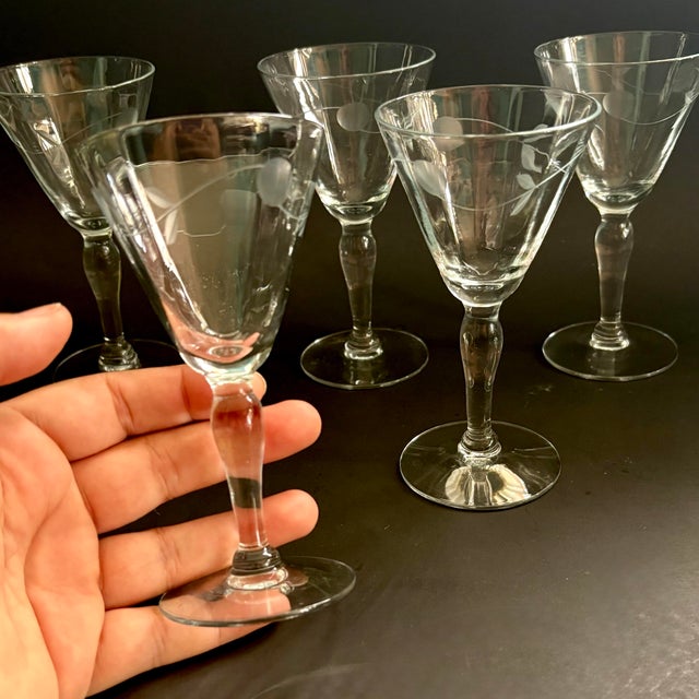 Beautiful set of 5 etched cordial glasses. Each glass features delicate frosted etching that wraps around the trumpet...