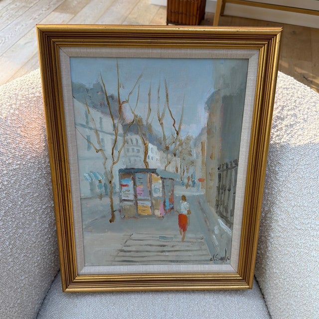 Blue Vintage Original Parisian Street Scene Oil Painting by Jean Lay Sauls, Signed & Framed For Sale - Image 8 of 12
