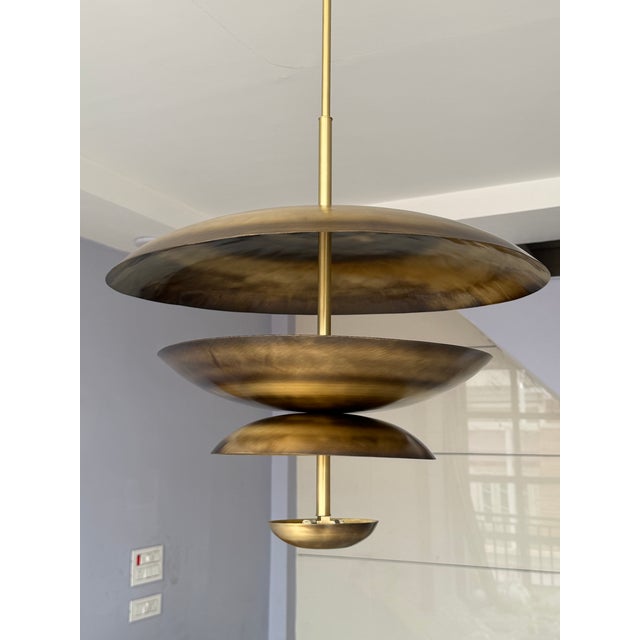 Handmade Solid Brass Tiered Chandelier: Modern Sculptural Pendant Light Fixture For Sale - Image 10 of 15