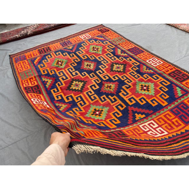 Maimana Kilim Area Rug, Handwoven Wool, 7x10, Indigo & Orange For Sale - Image 11 of 12